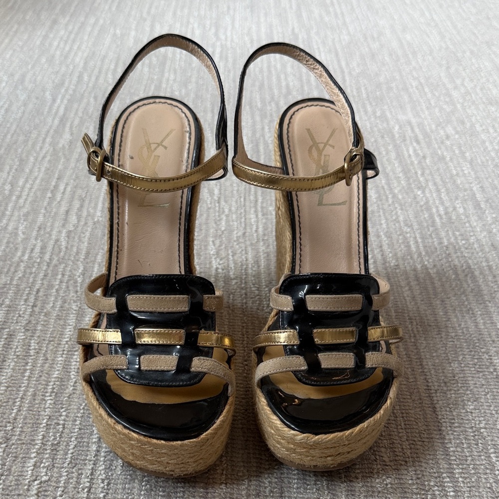 Saint Laurent Black and Gold Espadrille Platform Slingbacks